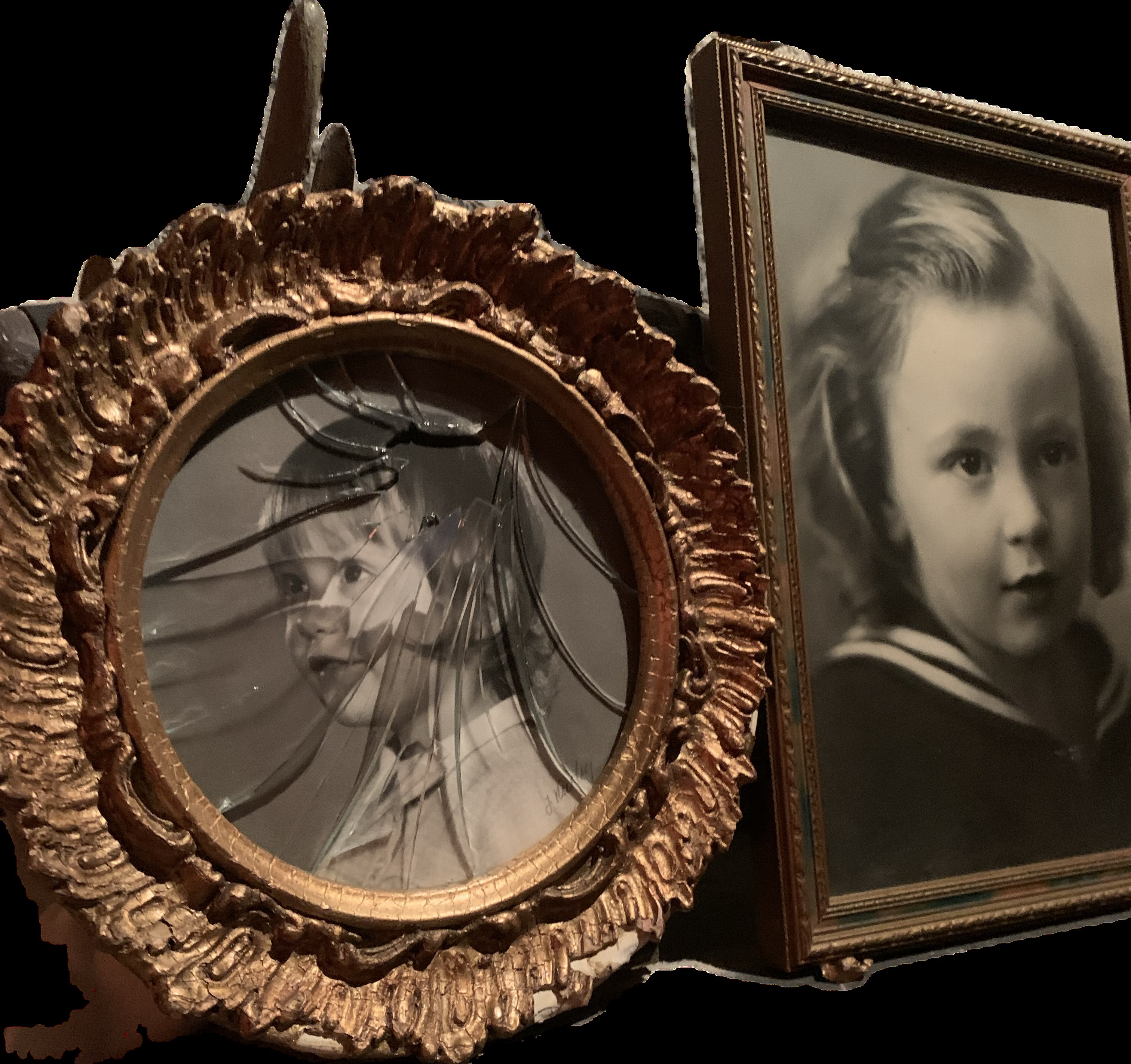 Two child portraits: broken circular gold mirror on the left, intact rectangular portrait on the right